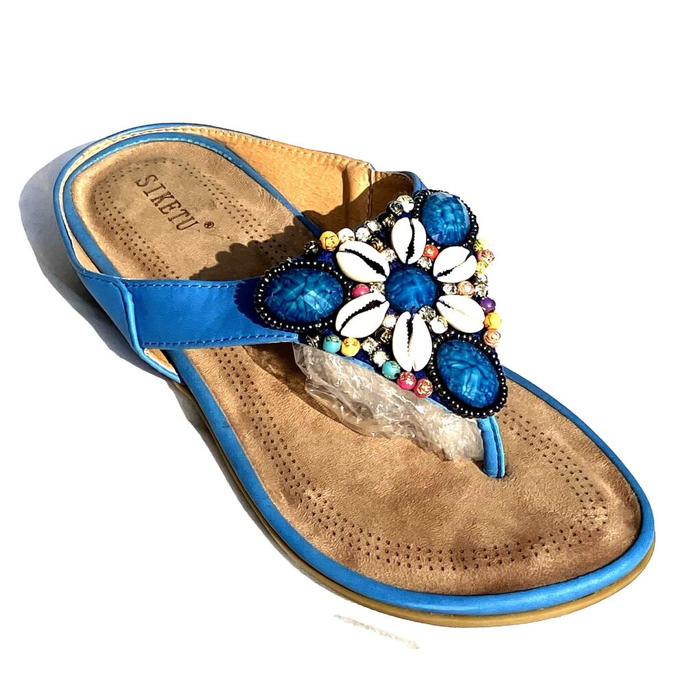 Siketu Thong Slides Sandals Seashell Rhinestone 11 42 Blue Slip On A8805 Boho